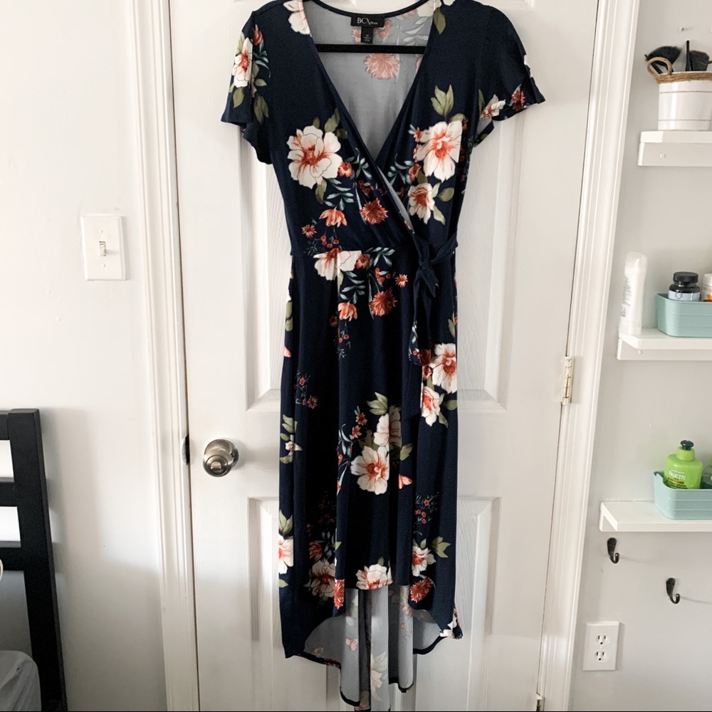 Navy Blue Floral  High-Low Faux Wrap Dress